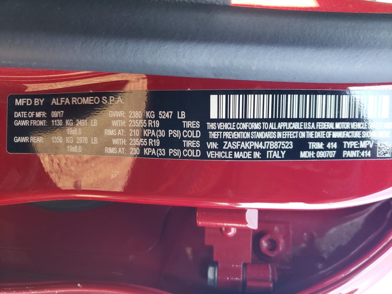 2018 Alfa Romeo Stelvio Sport VIN: ZASFAKPN4J7B87523 Lot: 63685574