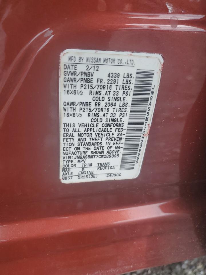 2012 Nissan Rogue S VIN: JN8AS5MT7CW289898 Lot: 58539604