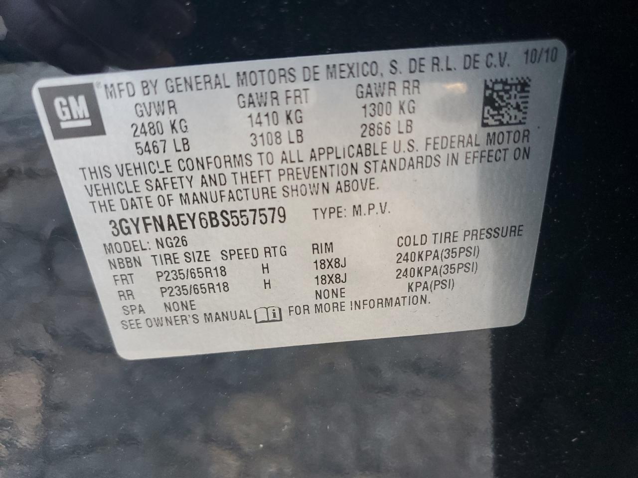 2011 Cadillac Srx Luxury Collection VIN: 3GYFNAEY6BS557579 Lot: 61762124