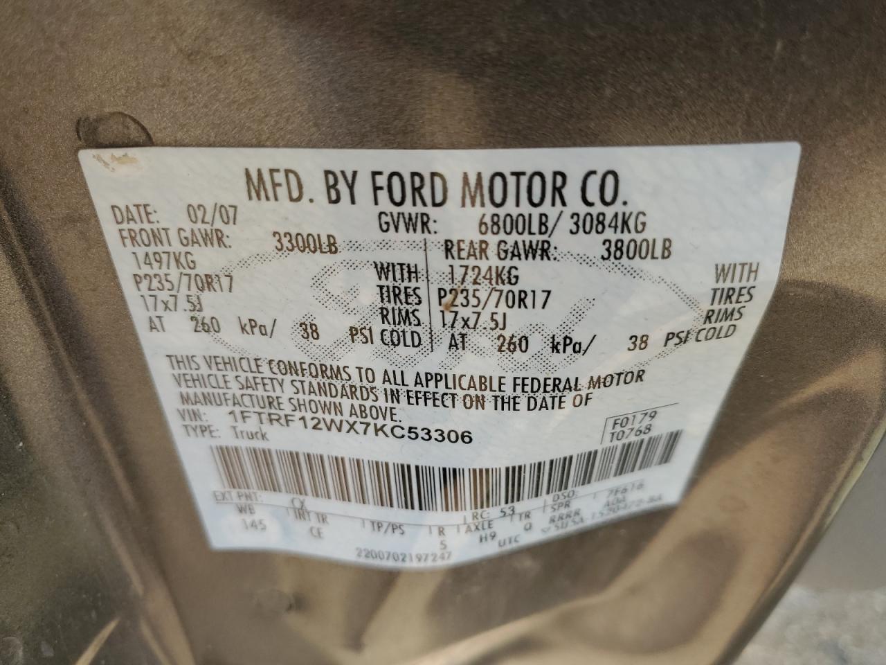 2007 Ford F150 VIN: 1FTRF12WX7KC53306 Lot: 63497554