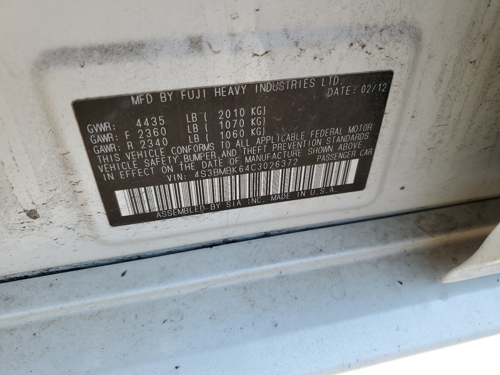 4S3BMBK64C3026372 2012 Subaru Legacy 2.5I Limited