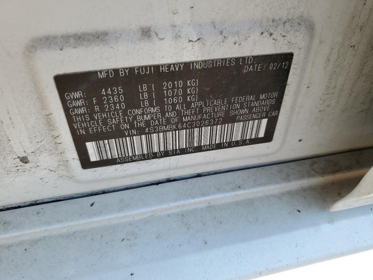 2012 Subaru Legacy 2.5I Limited VIN: 4S3BMBK64C3026372 Lot: 63293634