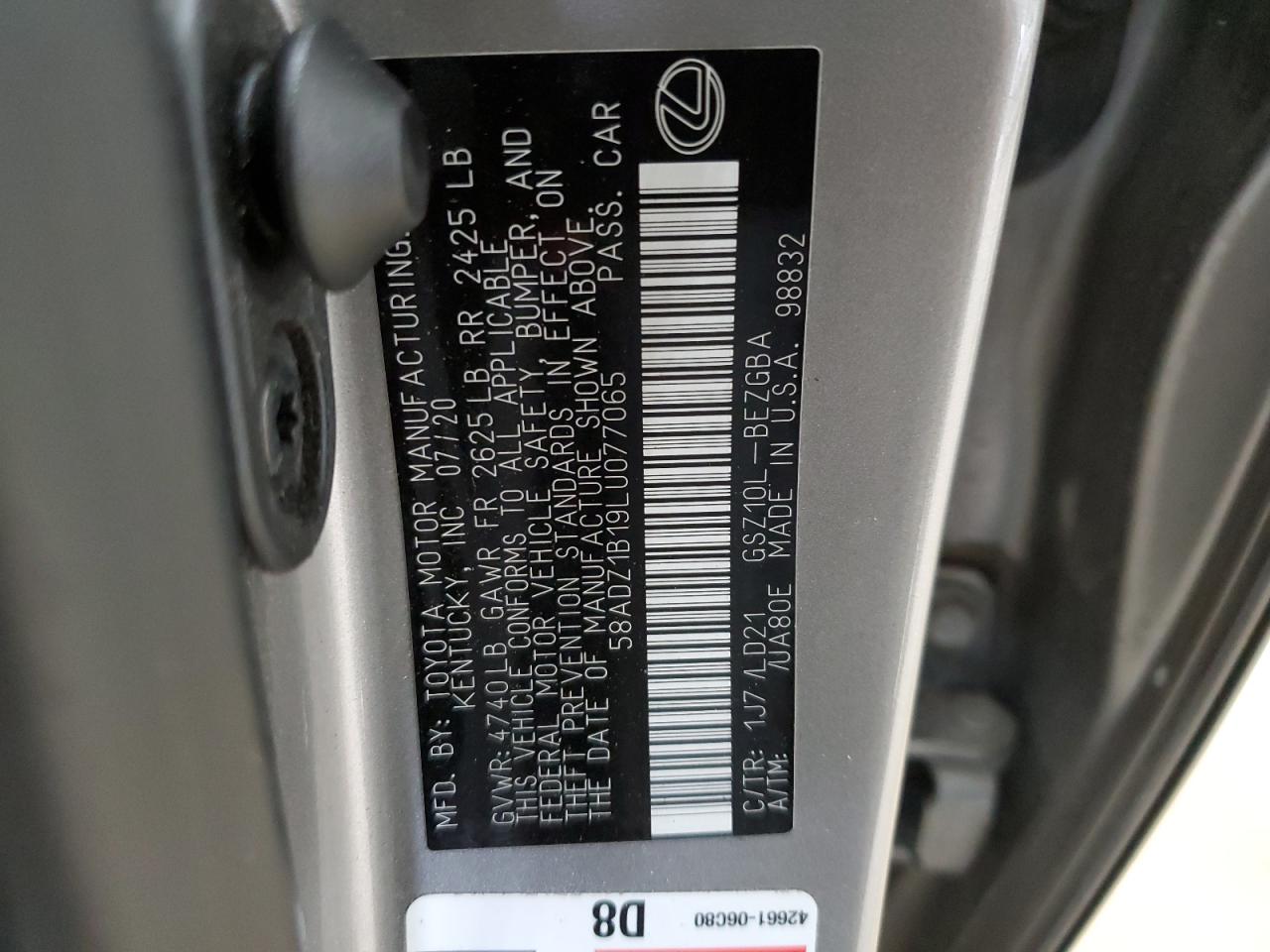 2020 Lexus Es 350 VIN: 58ADZ1B19LU077065 Lot: 62769824