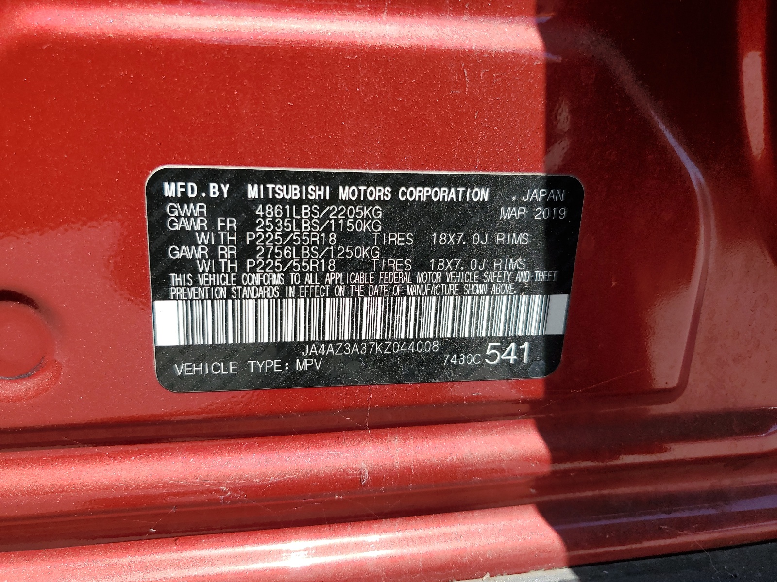 JA4AZ3A37KZ044008 2019 Mitsubishi Outlander Se