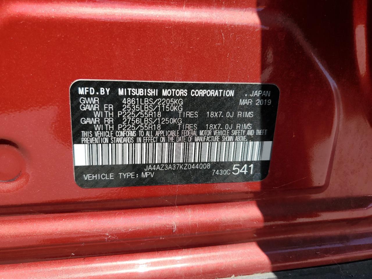 2019 Mitsubishi Outlander Se VIN: JA4AZ3A37KZ044008 Lot: 65487594