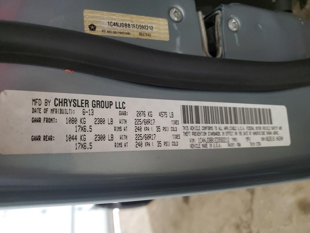 2014 Jeep Compass Sport VIN: 1C4NJDBB1ED592212 Lot: 61795444