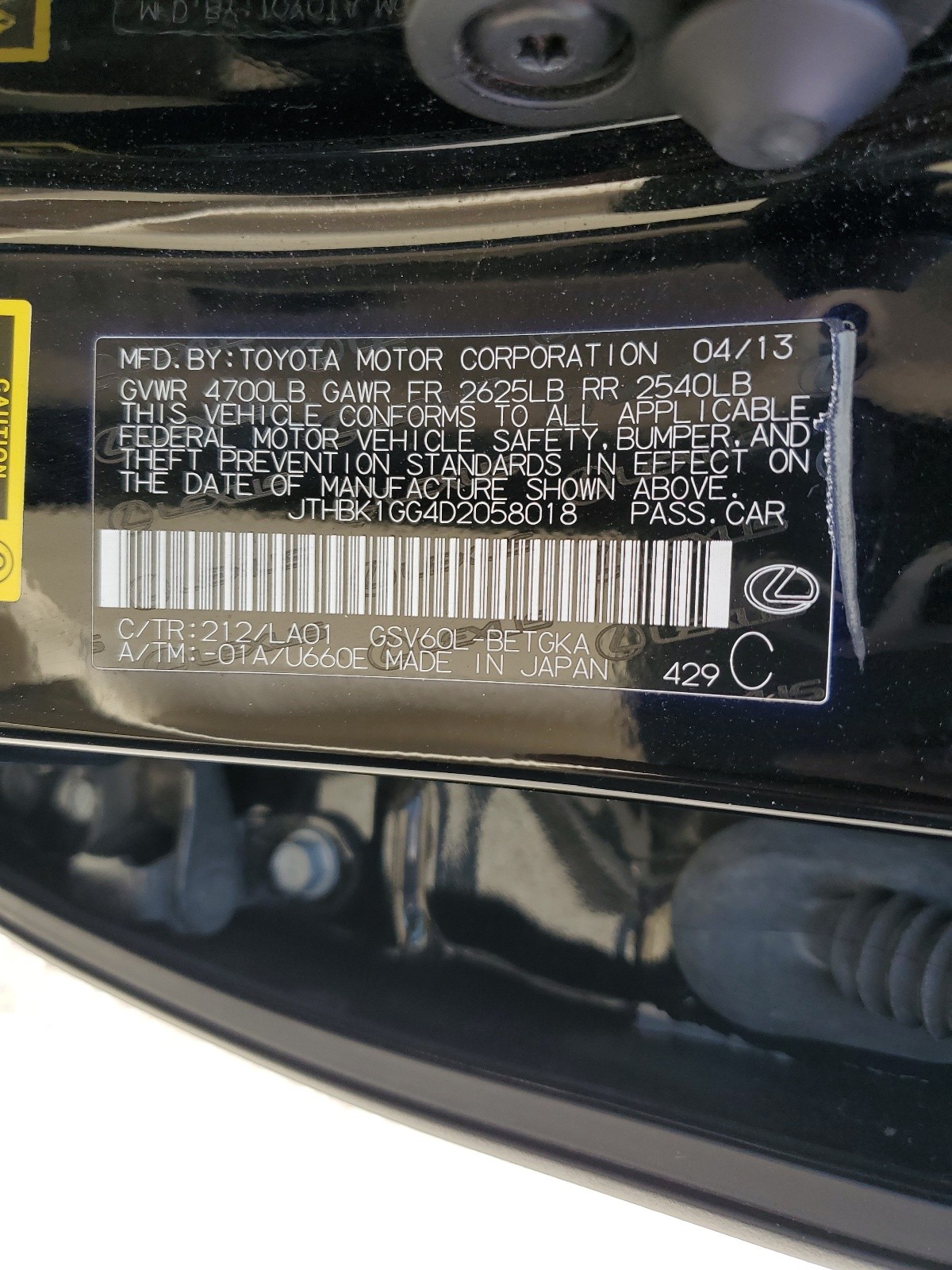 JTHBK1GG4D2058018 2013 Lexus Es 350