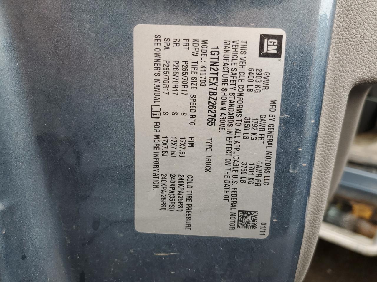 2011 GMC Sierra K1500 VIN: 1GTN2TEX7BZ262765 Lot: 63525474