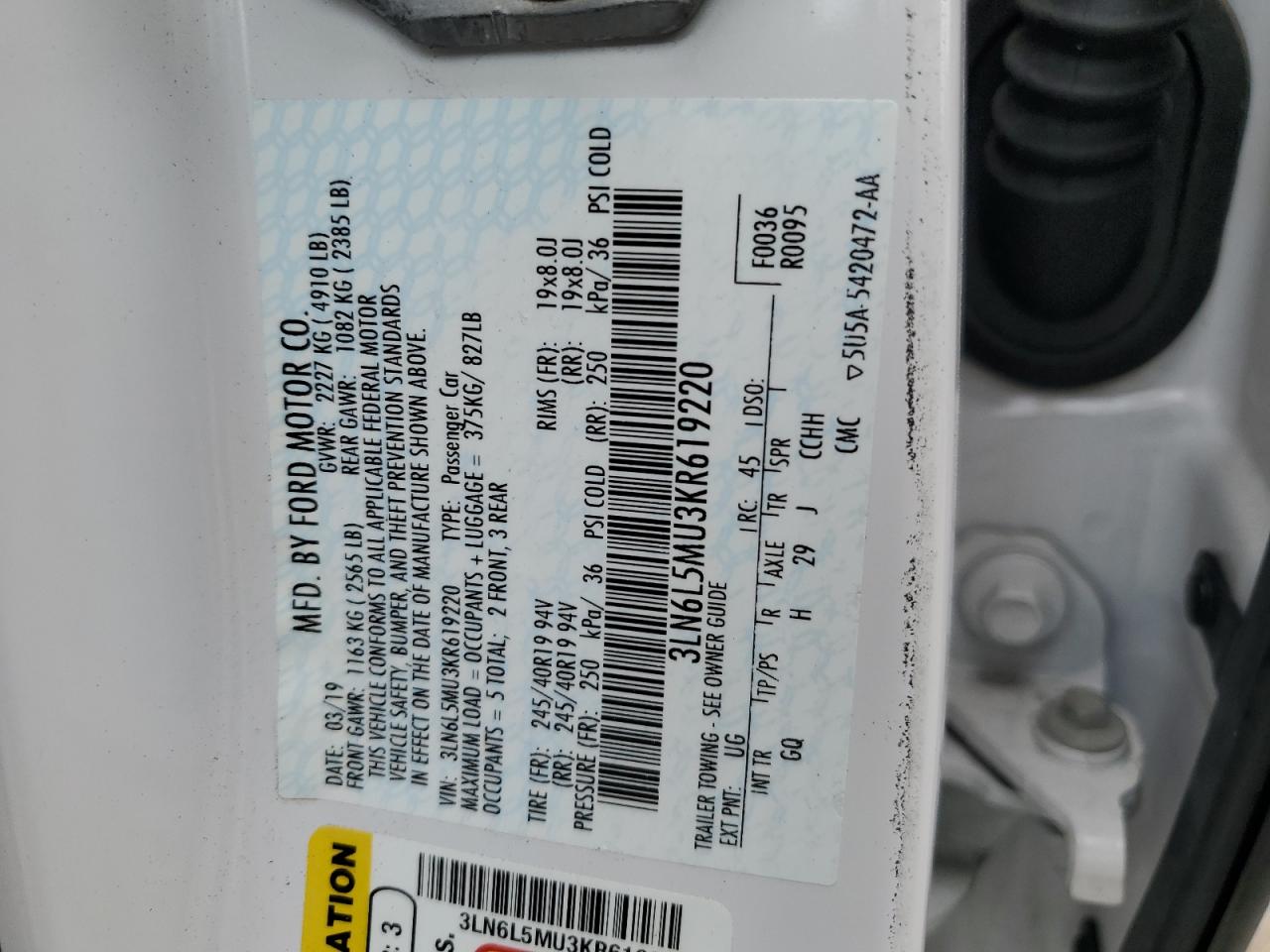 2019 Lincoln Mkz Reserve Ii VIN: 3LN6L5MU3KR619220 Lot: 64803584