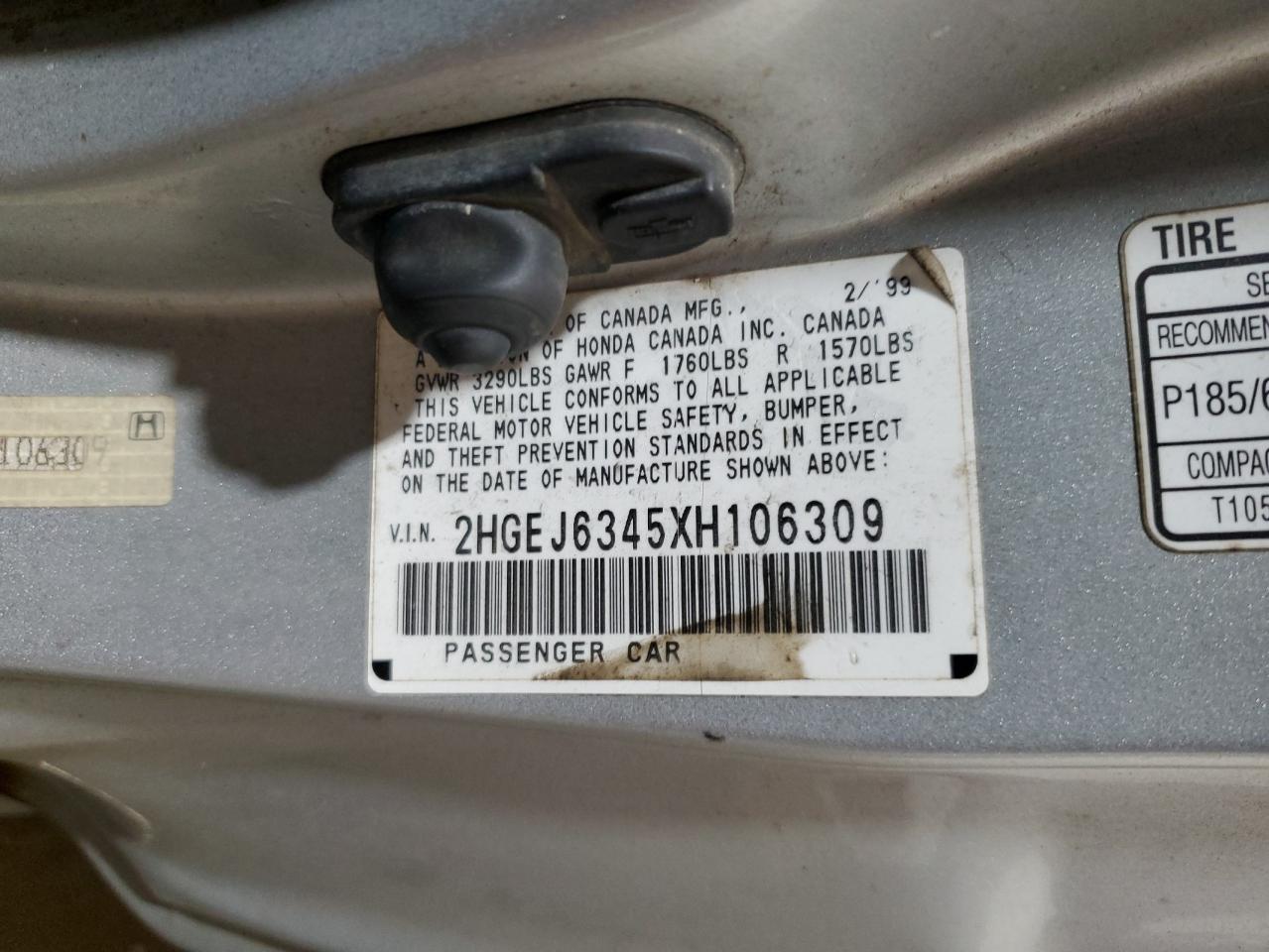 1999 Honda Civic Dx VIN: 2HGEJ6345XH106309 Lot: 62227994