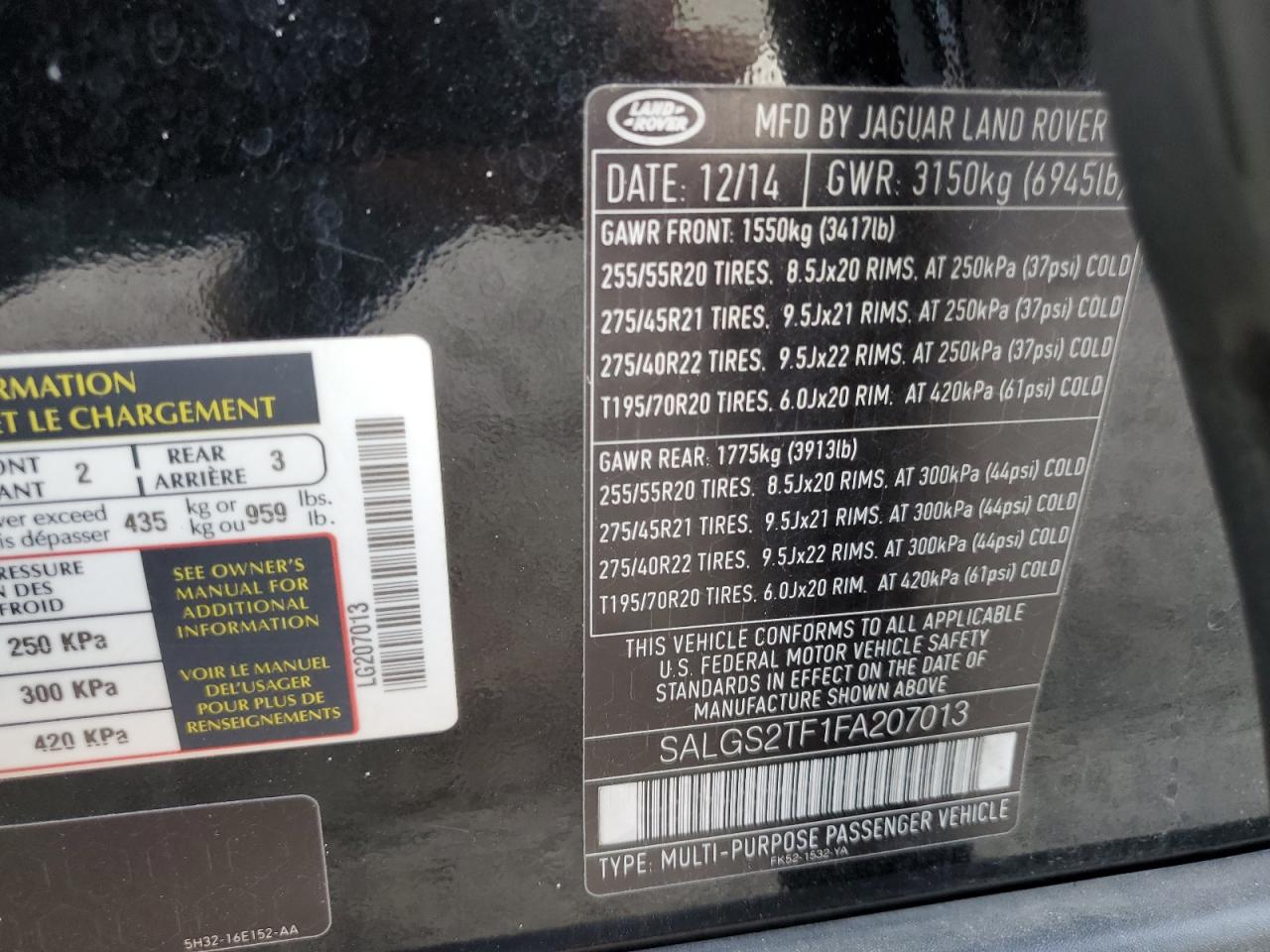 2015 Land Rover Range Rover Supercharged VIN: SALGS2TF1FA207013 Lot: 59619574