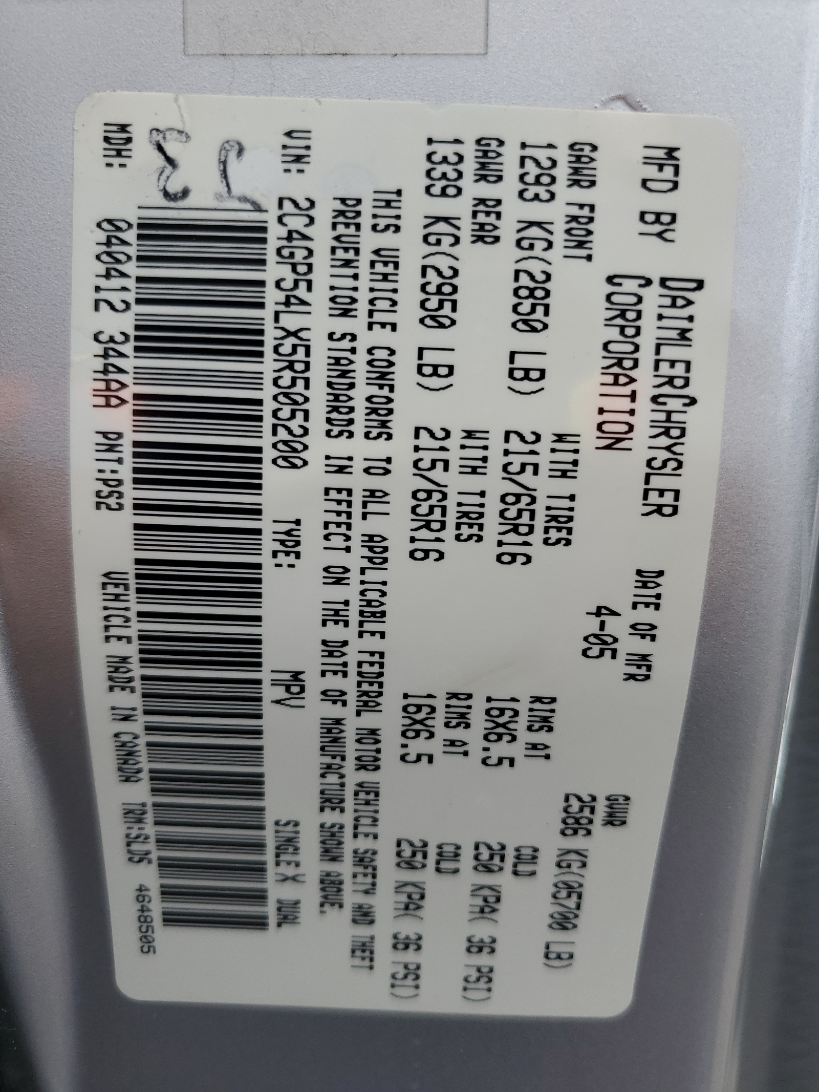 2C4GP54LX5R505200 2005 Chrysler Town & Country Touring