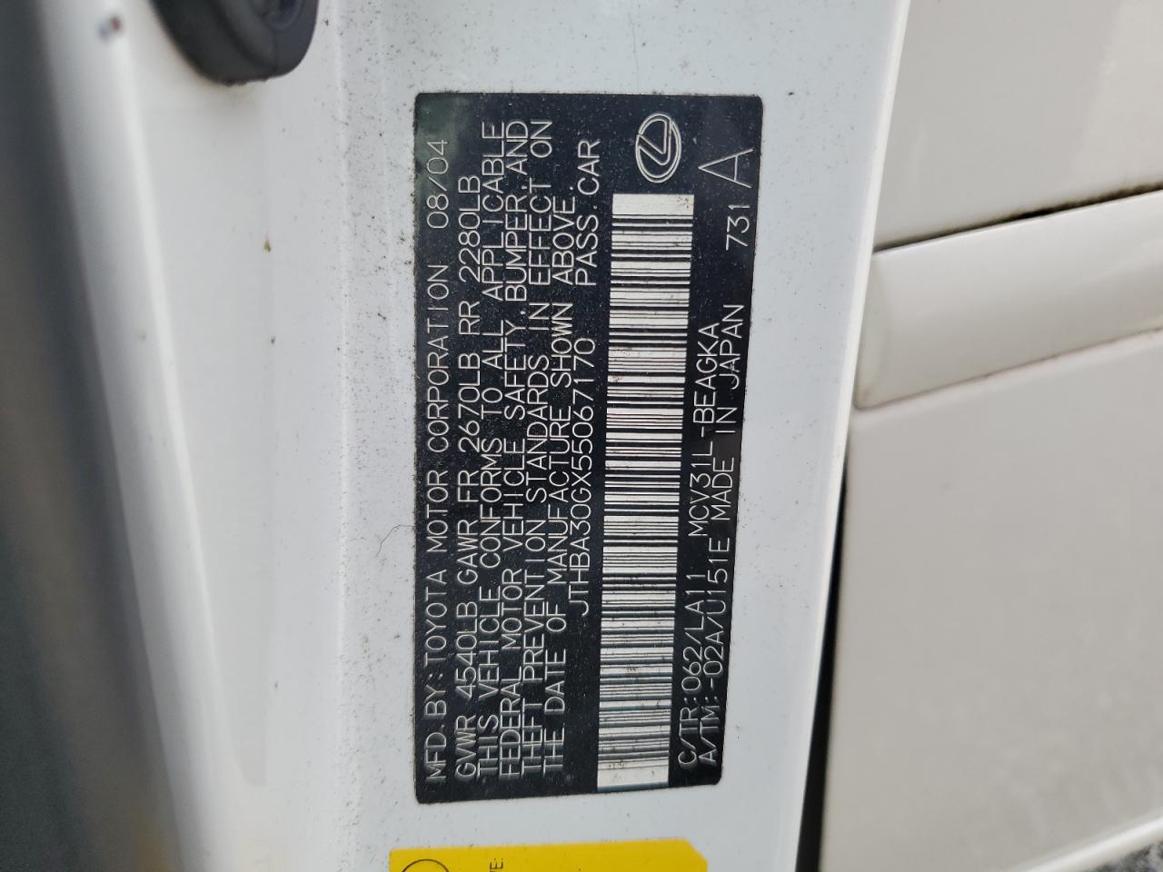 2005 Lexus Es 330 VIN: JTHBA30GX55067170 Lot: 65738464