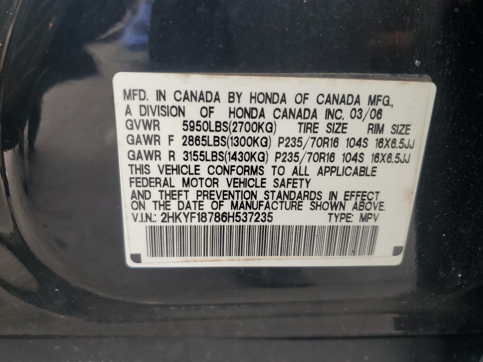 2HKYF18786H537235 2006 Honda Pilot Ex