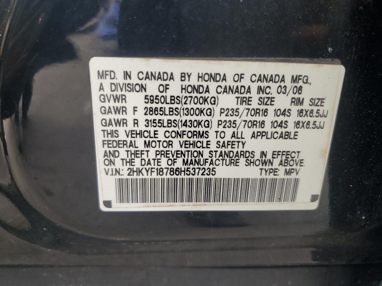 2006 Honda Pilot Ex VIN: 2HKYF18786H537235 Lot: 63322114