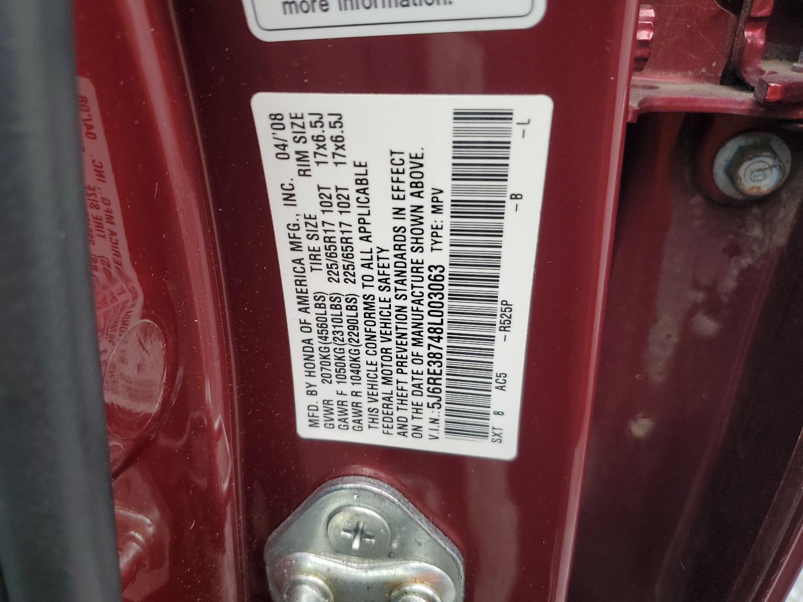 5J6RE38748L003063 2008 Honda Cr-V Exl