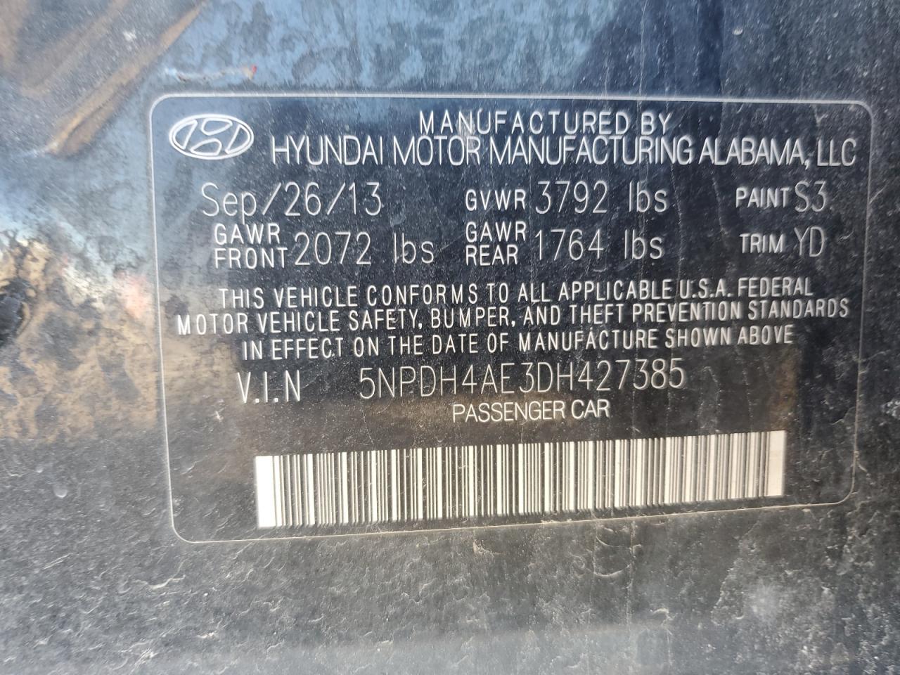 2013 Hyundai Elantra Gls VIN: 5NPDH4AE3DH427385 Lot: 61639324