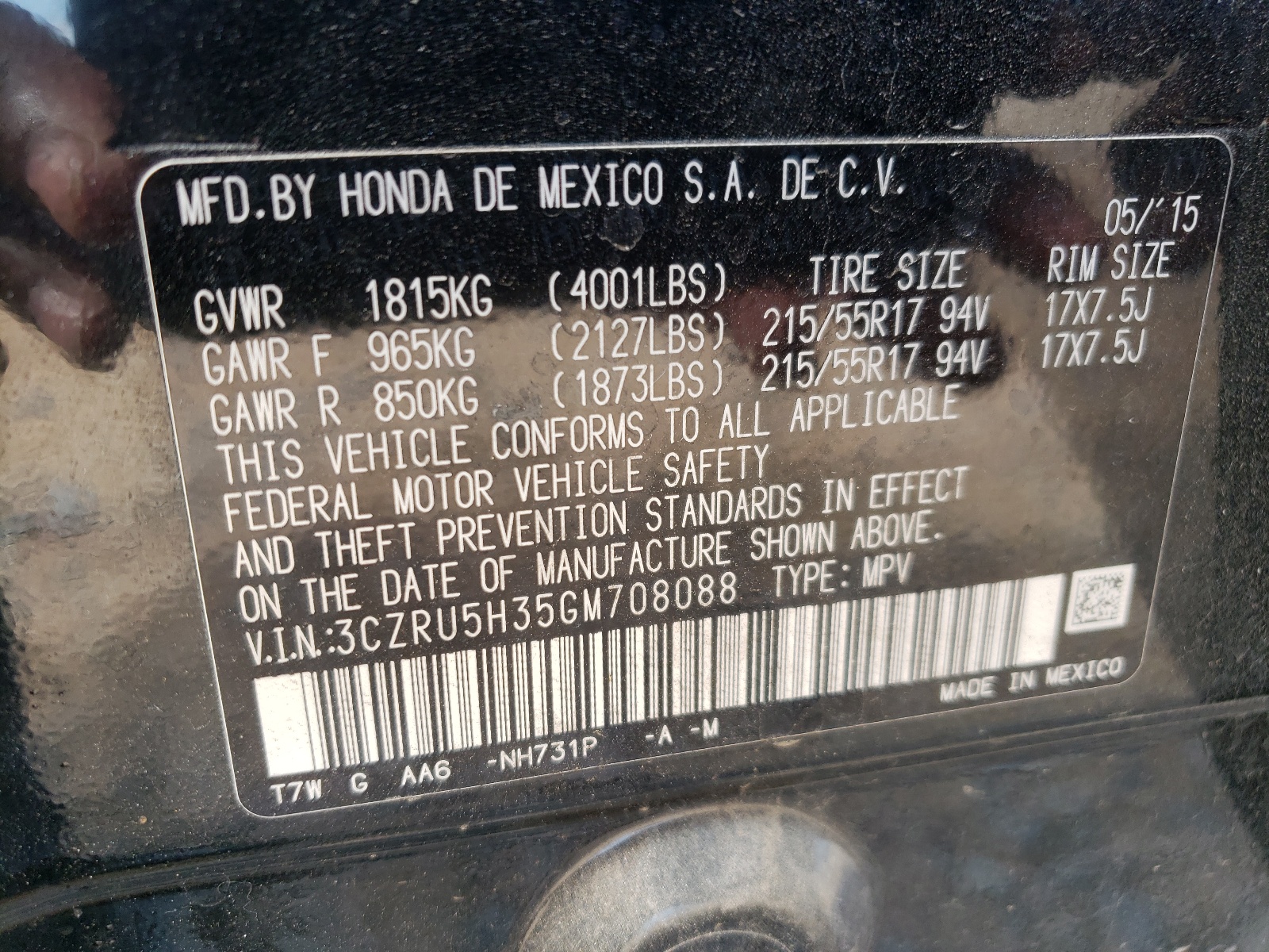 2016 Honda Hr-V Lx vin: 3CZRU5H35GM708088