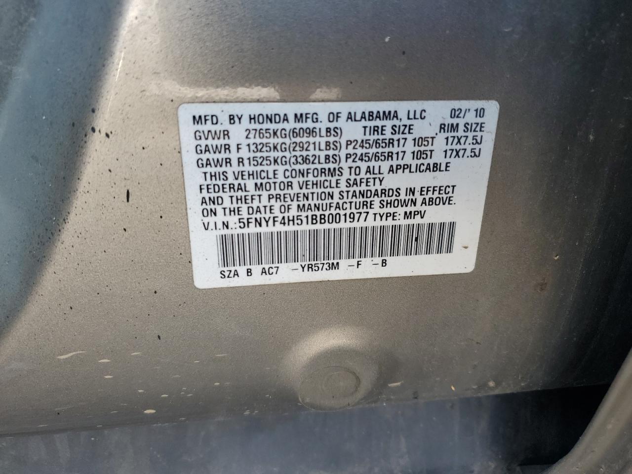 2011 Honda Pilot Exl VIN: 5FNYF4H51BB001977 Lot: 64413664