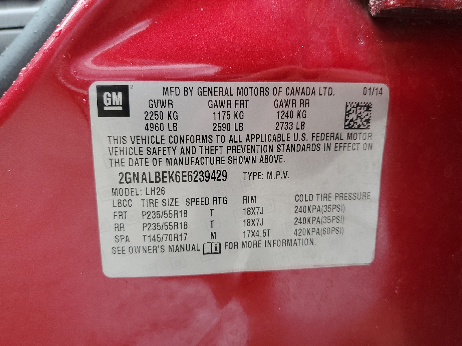 2GNALBEK6E6239429 2014 Chevrolet Equinox Lt