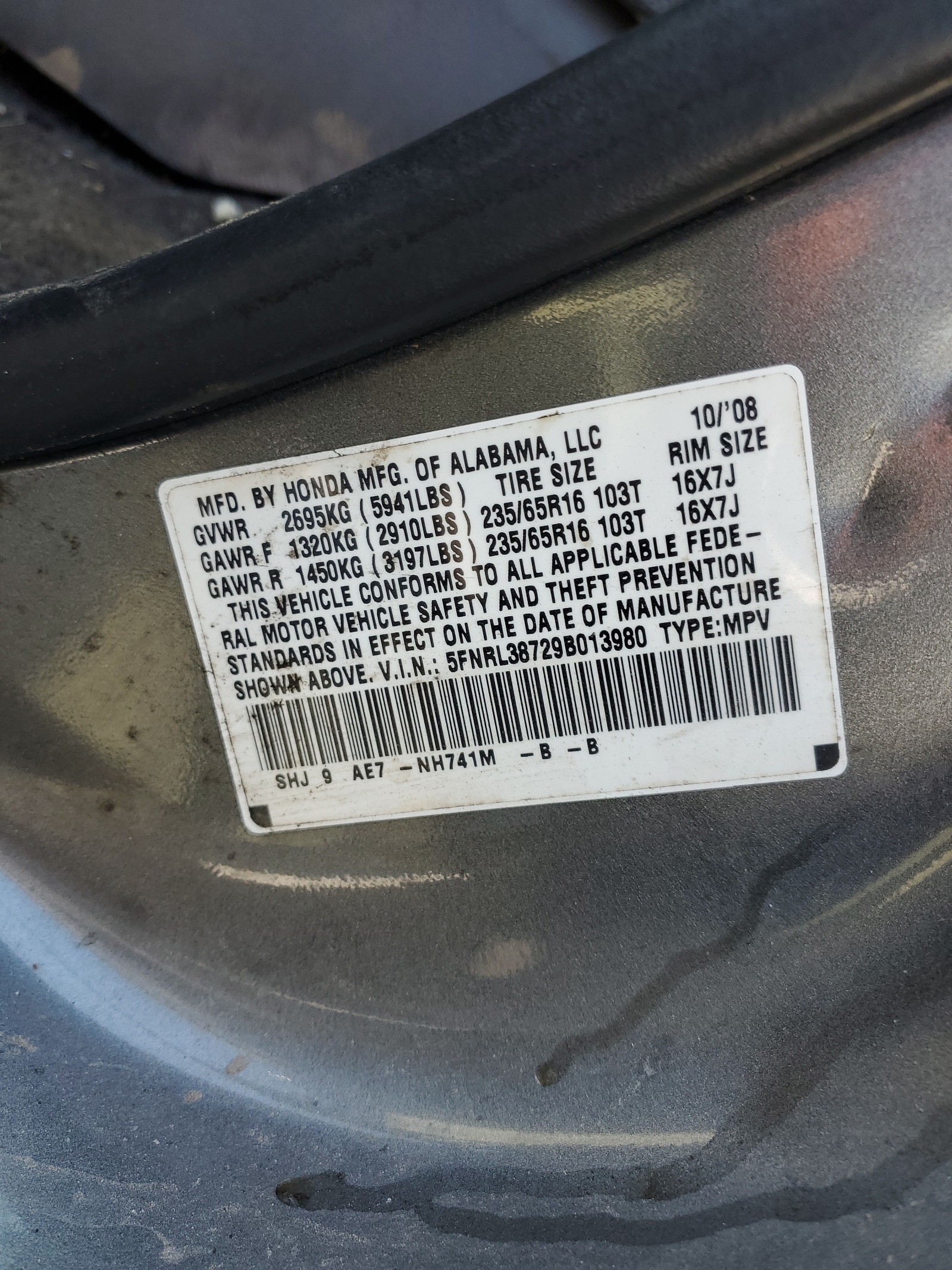 5FNRL38729B013980 2009 Honda Odyssey Exl