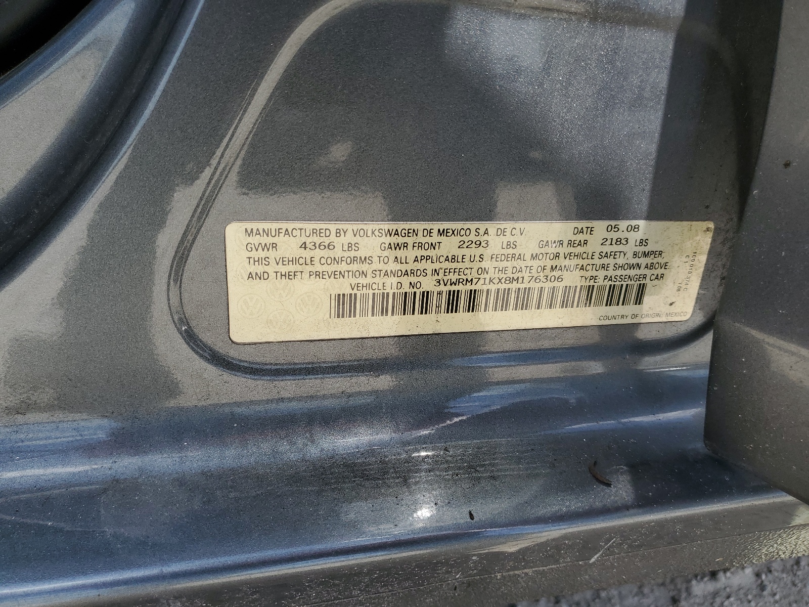 3VWRM71KX8M176306 2008 Volkswagen Jetta Se