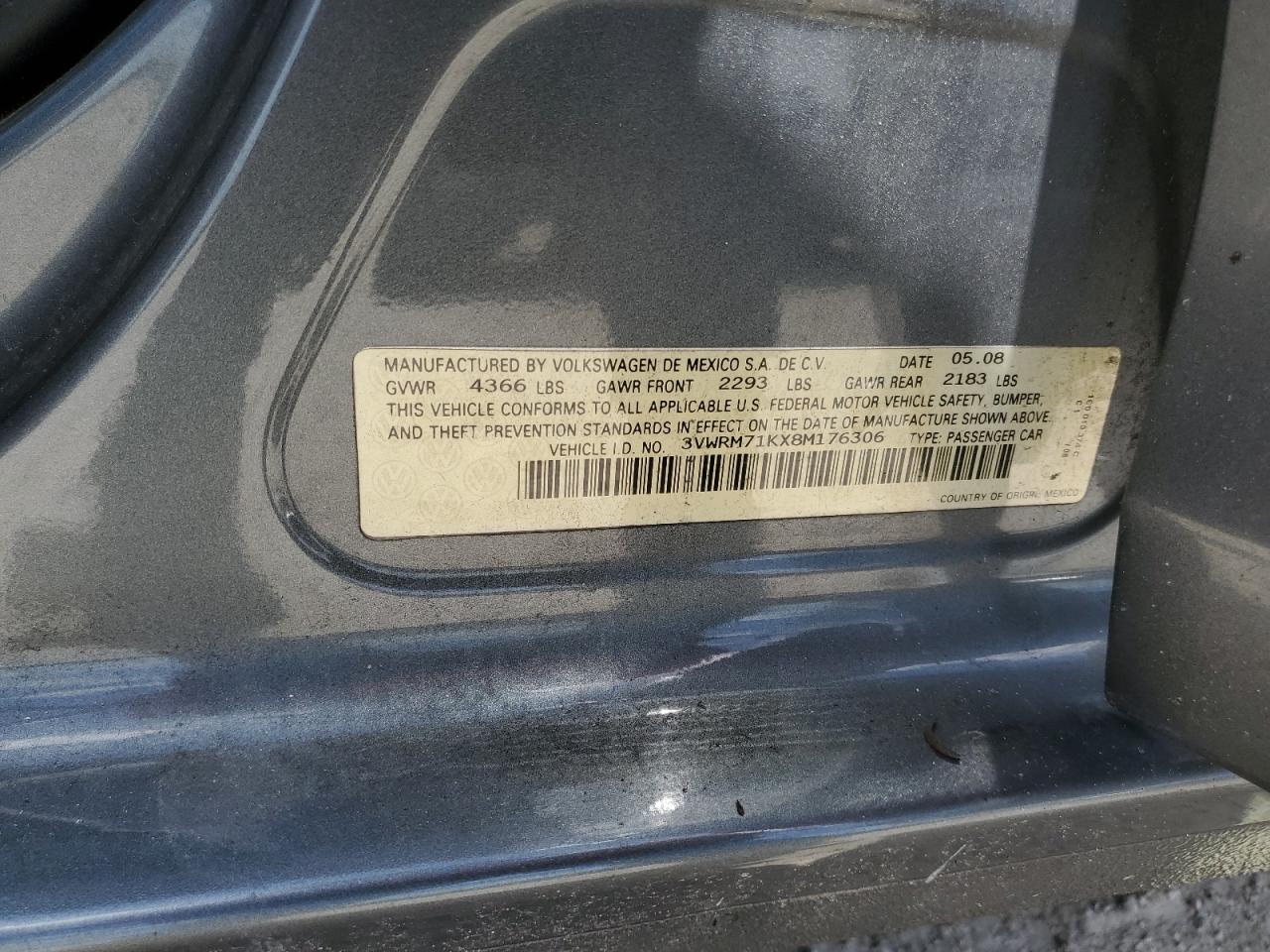 2008 Volkswagen Jetta Se VIN: 3VWRM71KX8M176306 Lot: 64608624