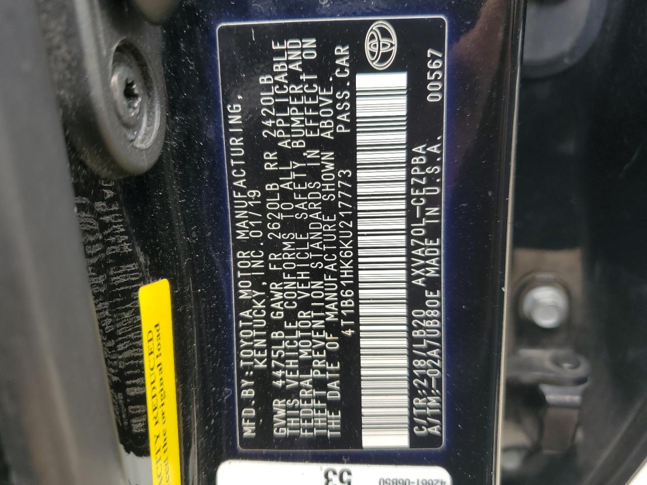 4T1B61HK6KU217773 2019 Toyota Camry Xse