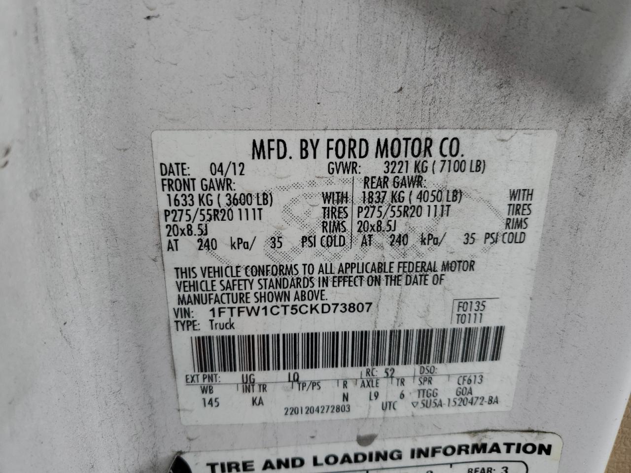 2012 Ford F150 Supercrew VIN: 1FTFW1CT5CKD73807 Lot: 63138084