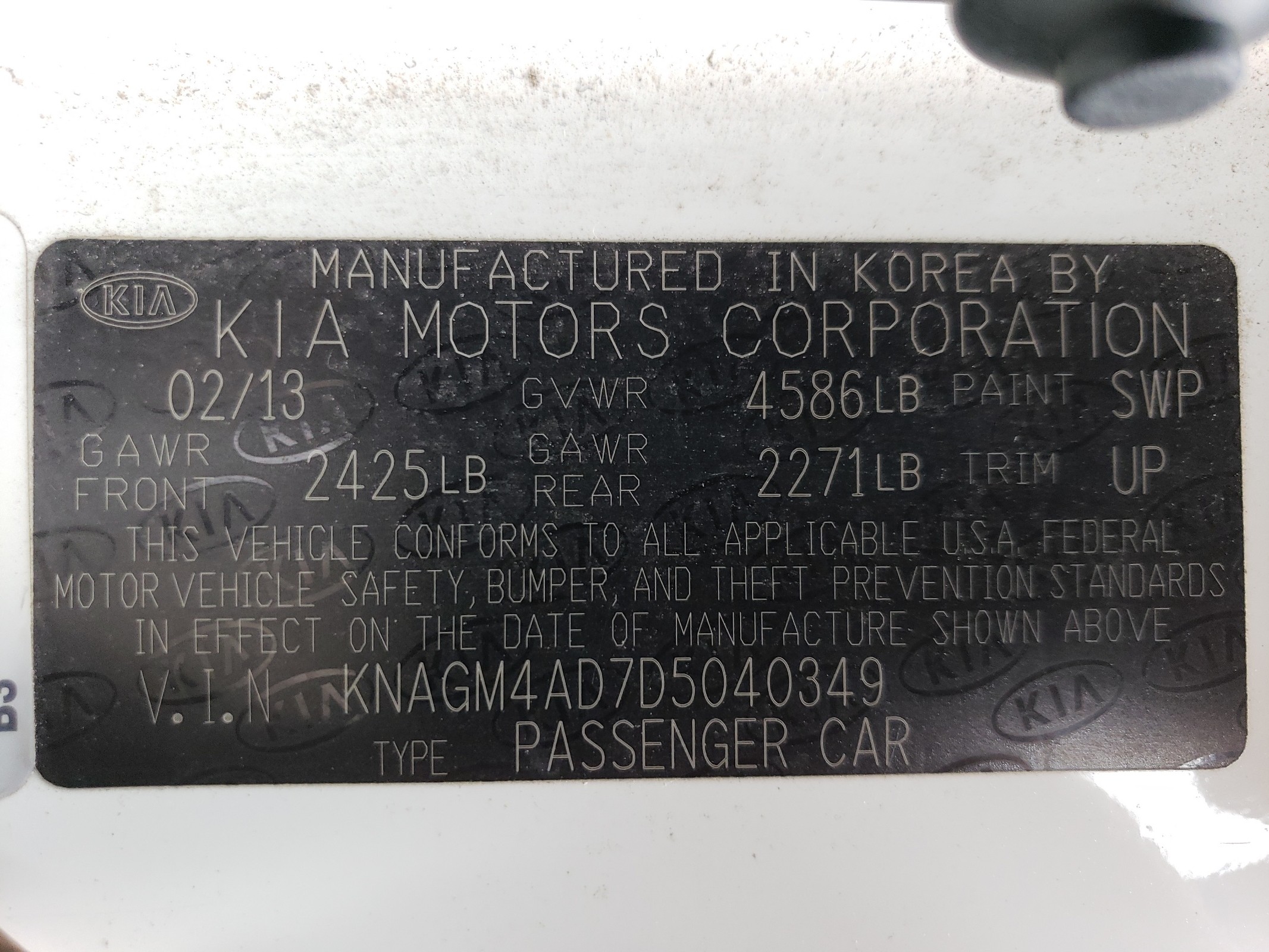 2013 Kia Optima Hybrid vin: KNAGM4AD7D5040349