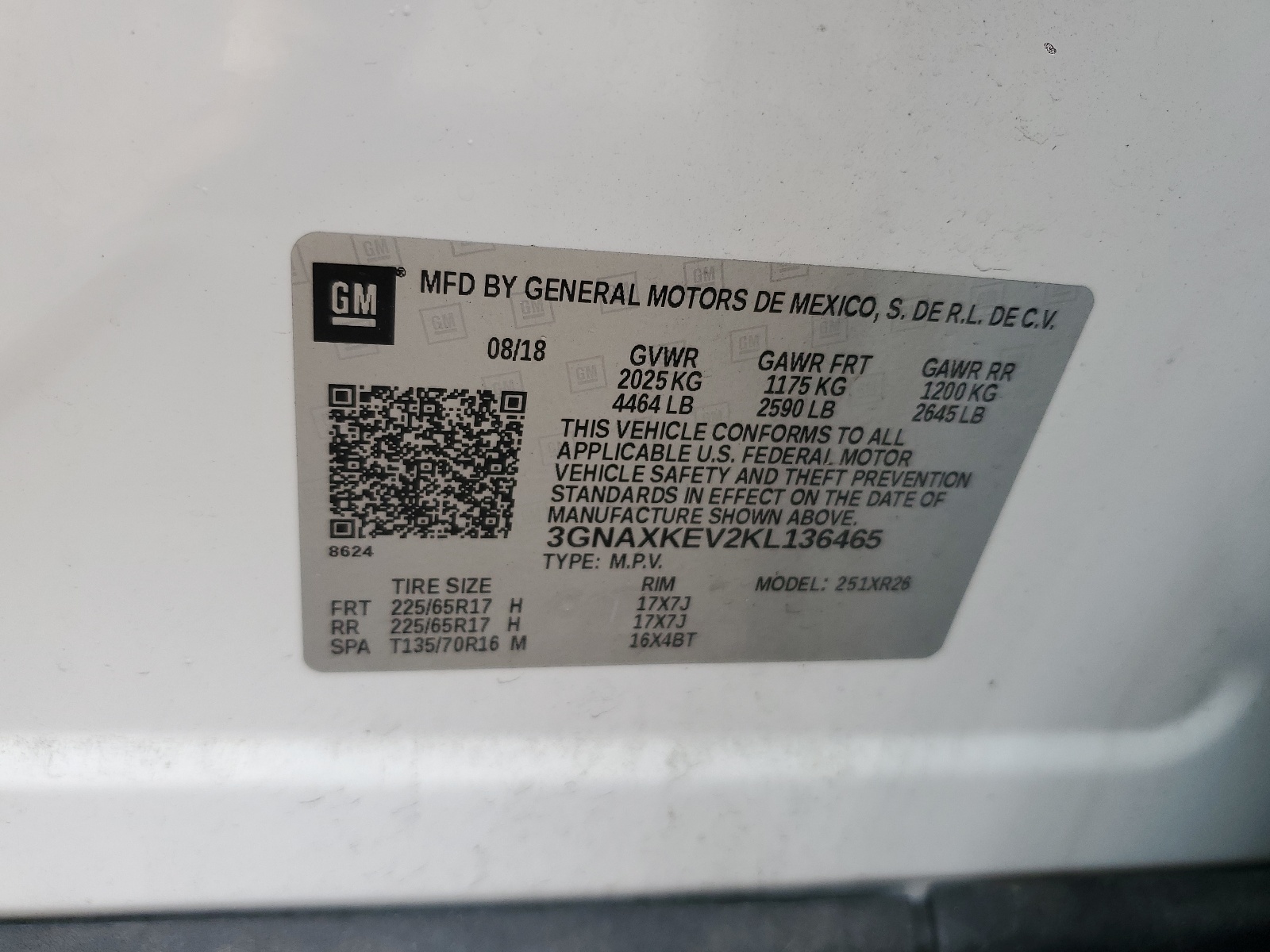 3GNAXKEV2KL136465 2019 Chevrolet Equinox Lt