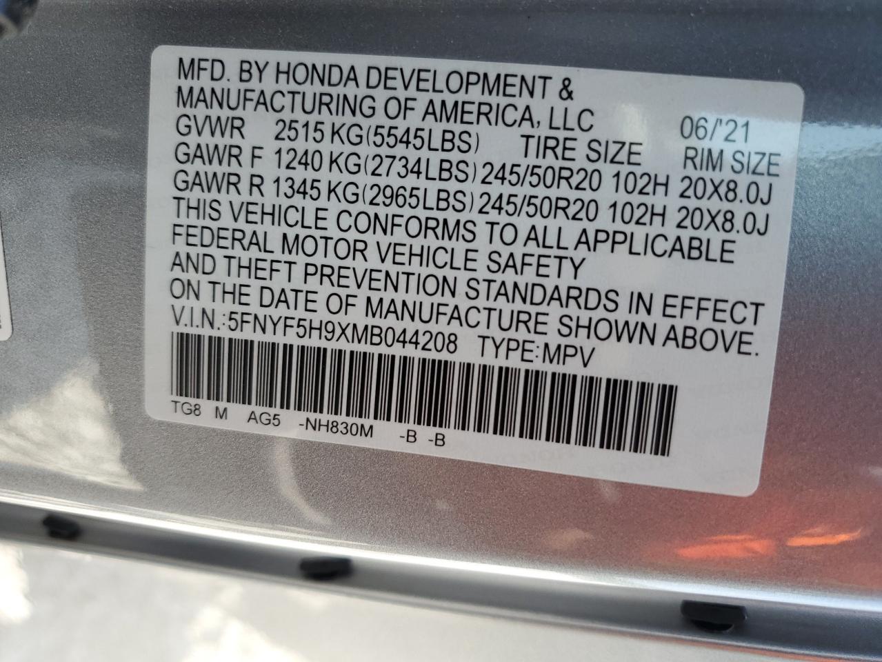 2021 Honda Pilot Touring VIN: 5FNYF5H9XMB044208 Lot: 65608254