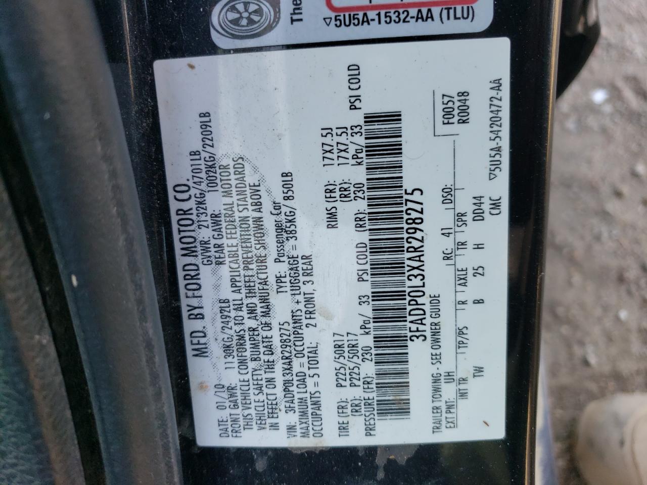 2010 Ford Fusion Hybrid VIN: 3FADP0L3XAR298275 Lot: 65174164