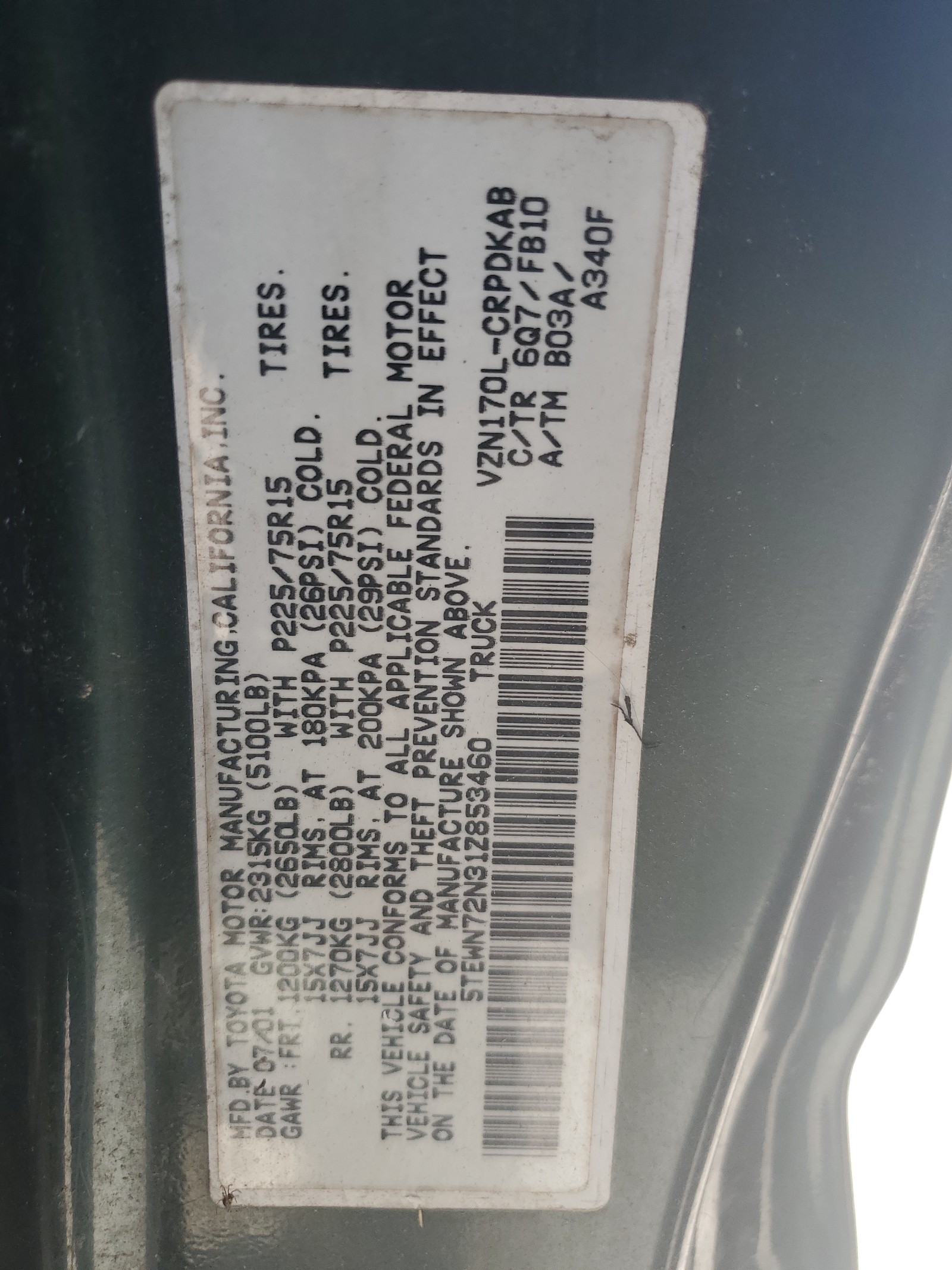 5TEWN72N31Z853460 2001 Toyota Tacoma Xtracab