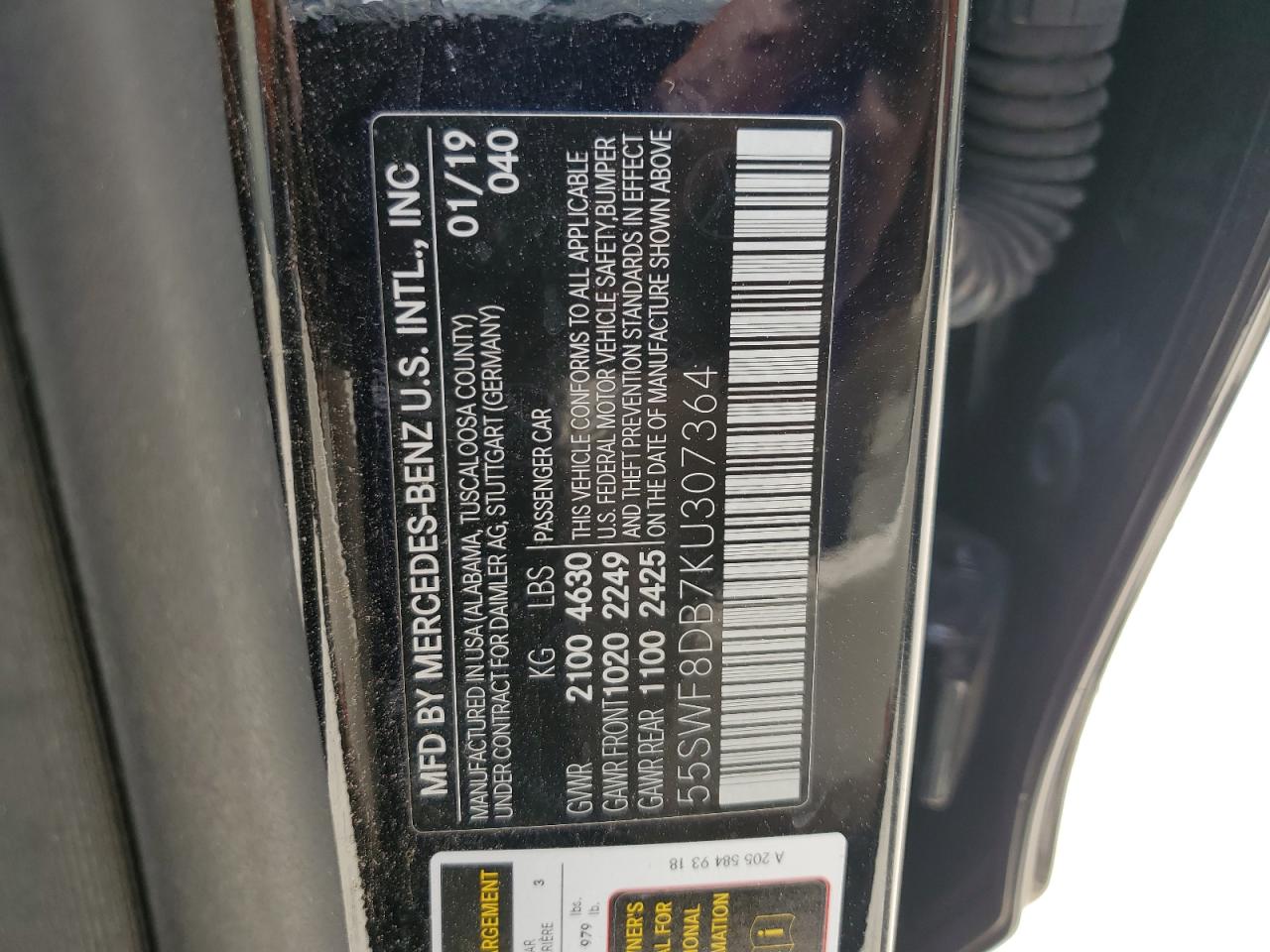 2019 Mercedes-Benz C 300 VIN: 55SWF8DB7KU307364 Lot: 62213744