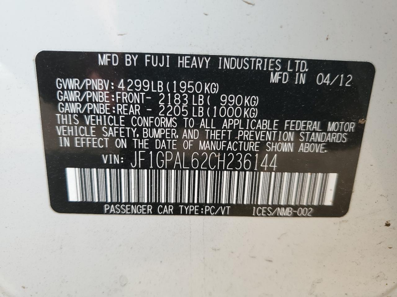 2012 Subaru Impreza Sport Premium VIN: JF1GPAL62CH236144 Lot: 63511004