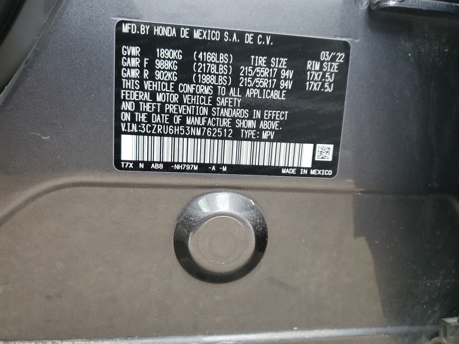 3CZRU6H53NM762512 2022 Honda Hr-V Ex