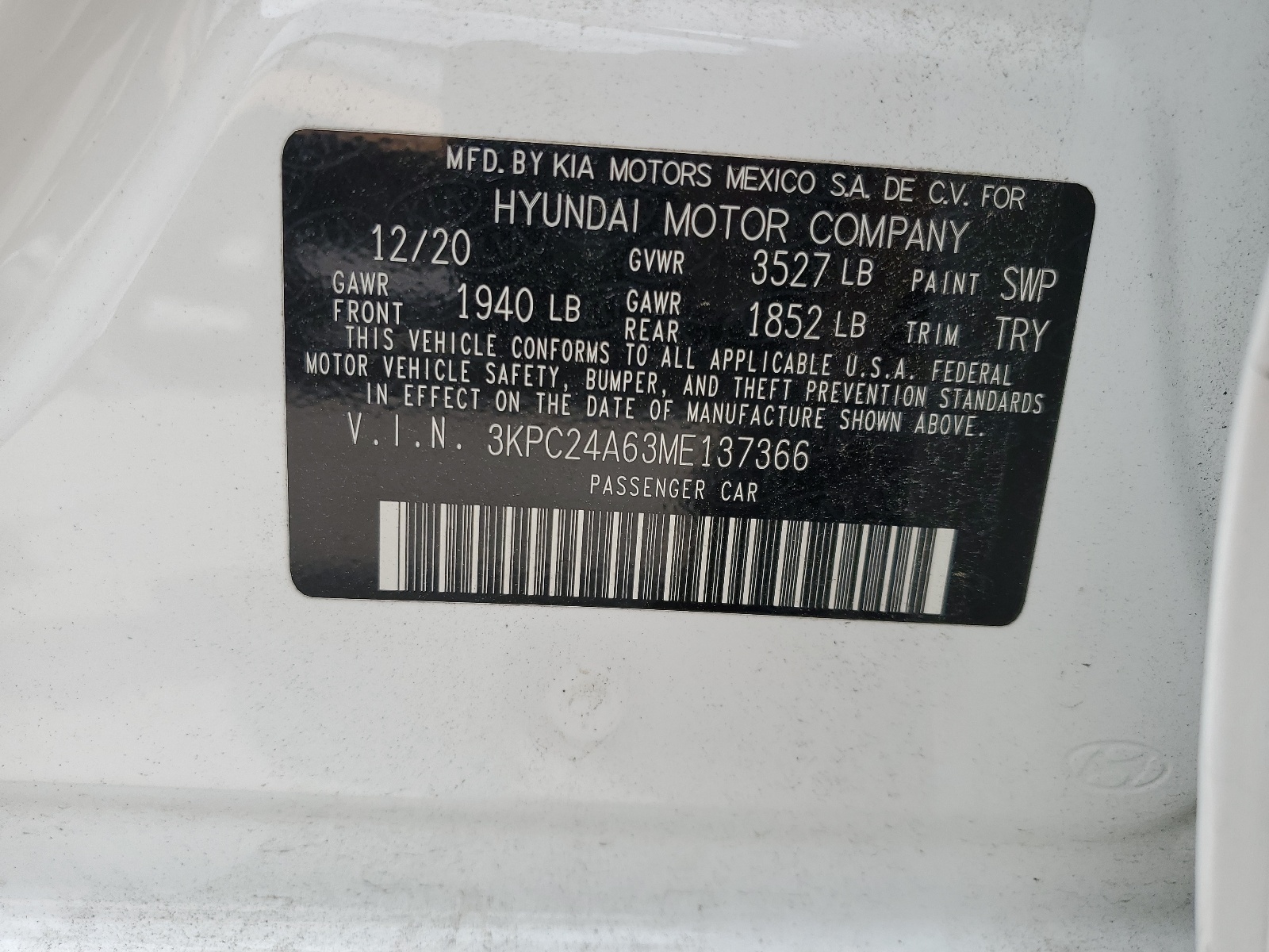 3KPC24A63ME137366 2021 Hyundai Accent Se
