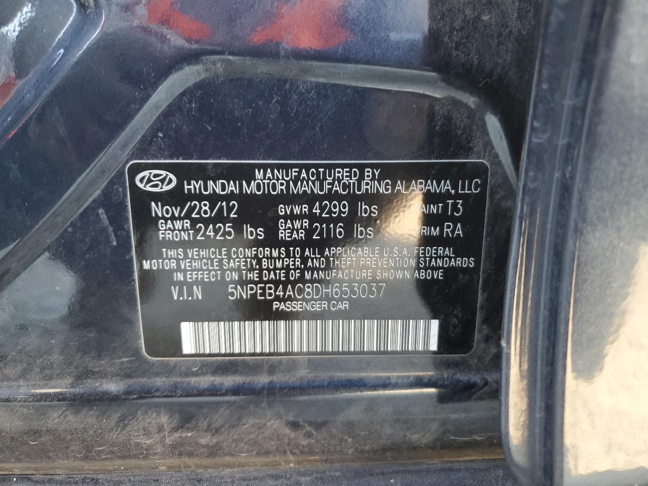 2013 Hyundai Sonata Gls VIN: 5NPEB4AC8DH653037 Lot: 64807854