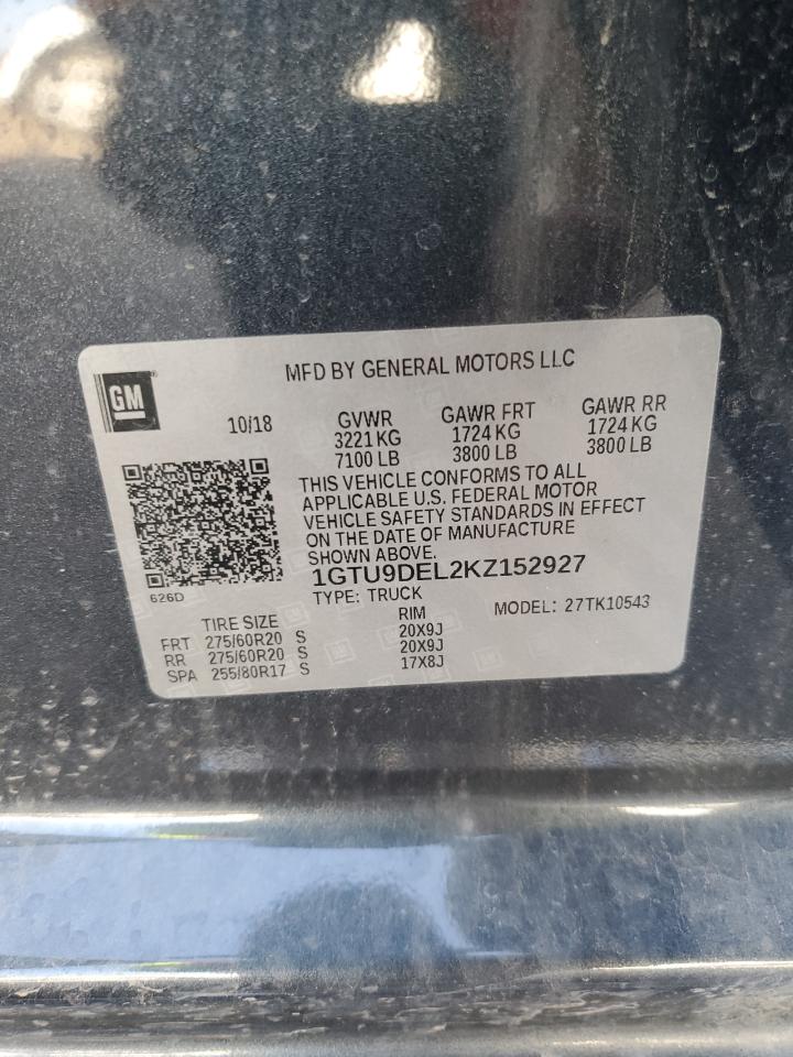 2019 GMC Sierra K1500 Slt VIN: 1GTU9DEL2KZ152927 Lot: 63521114