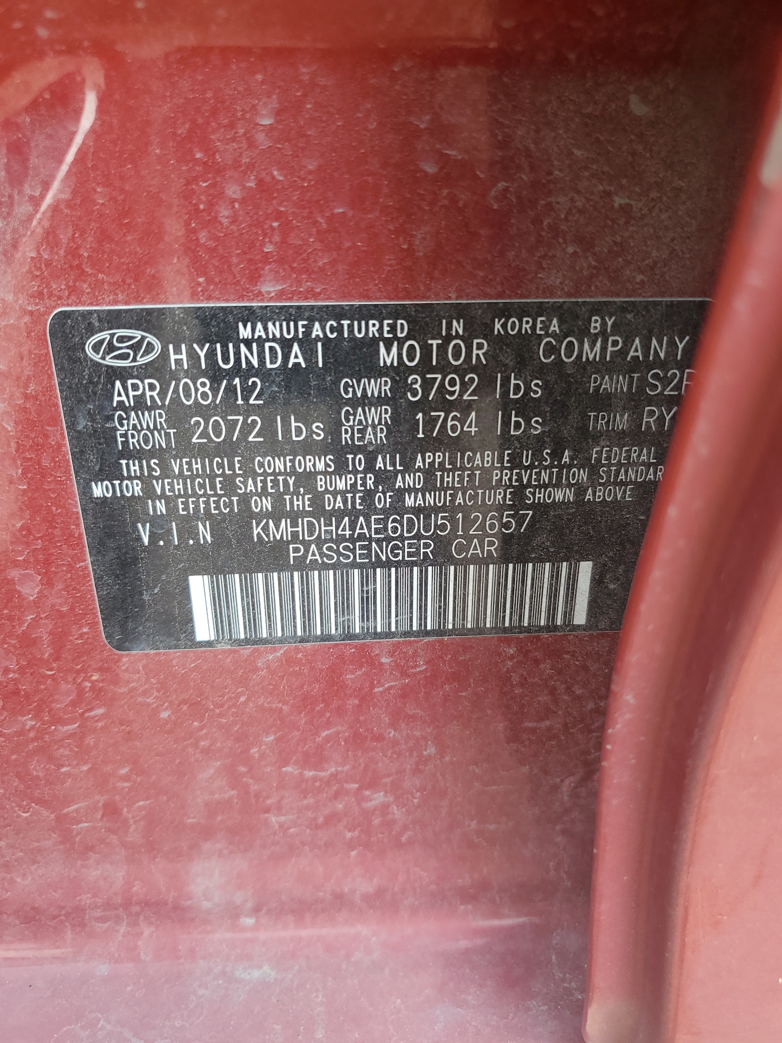 KMHDH4AE6DU512657 2013 Hyundai Elantra Gls