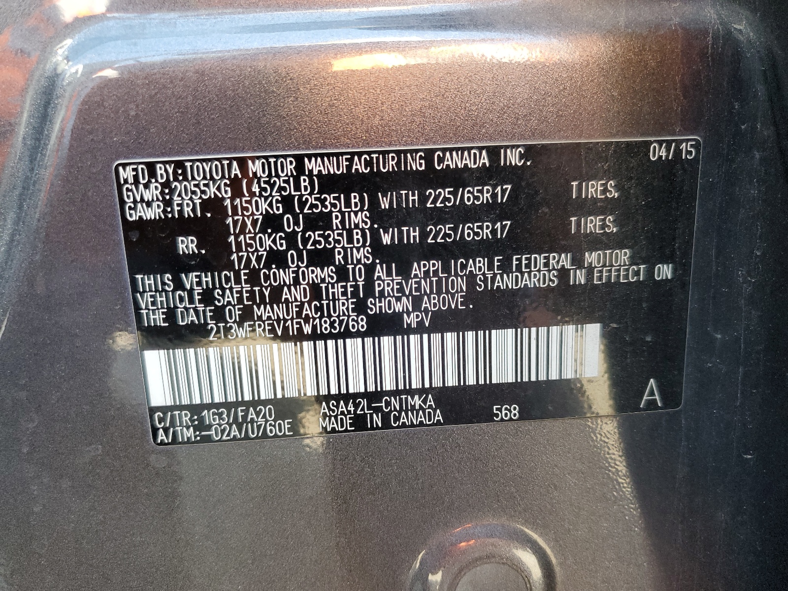 2T3WFREV1FW183768 2015 Toyota Rav4 Xle