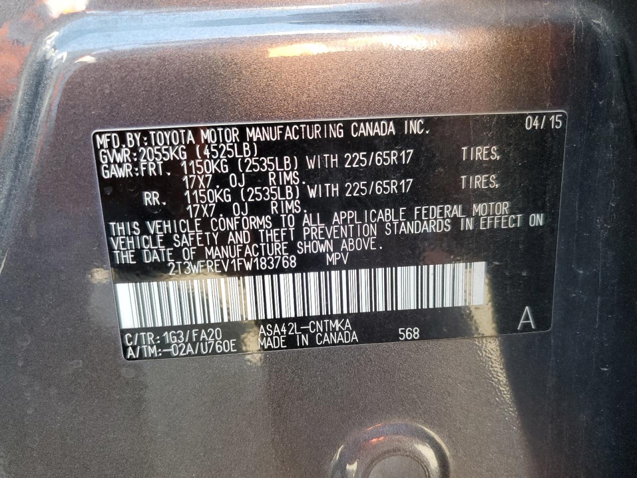 2015 Toyota Rav4 Xle VIN: 2T3WFREV1FW183768 Lot: 63849054