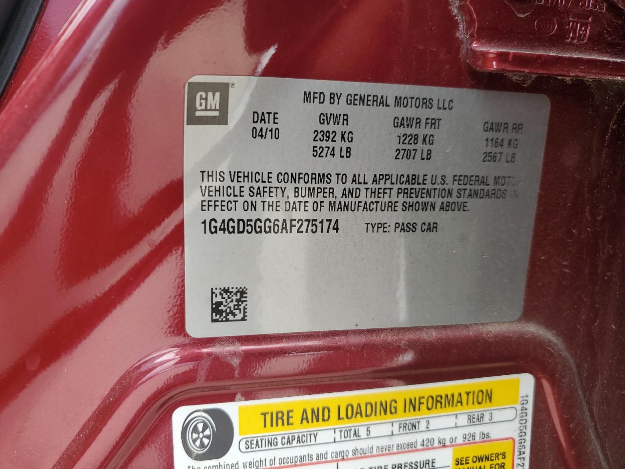 2010 Buick Lacrosse Cxl VIN: 1G4GD5GG6AF275174 Lot: 64267564