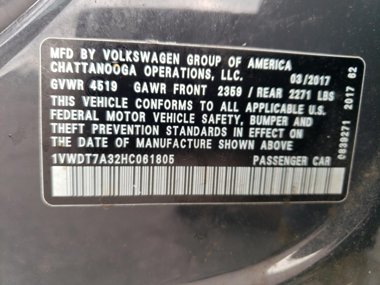 2017 Volkswagen Passat R-Line VIN: 1VWDT7A32HC061805 Lot: 62849304