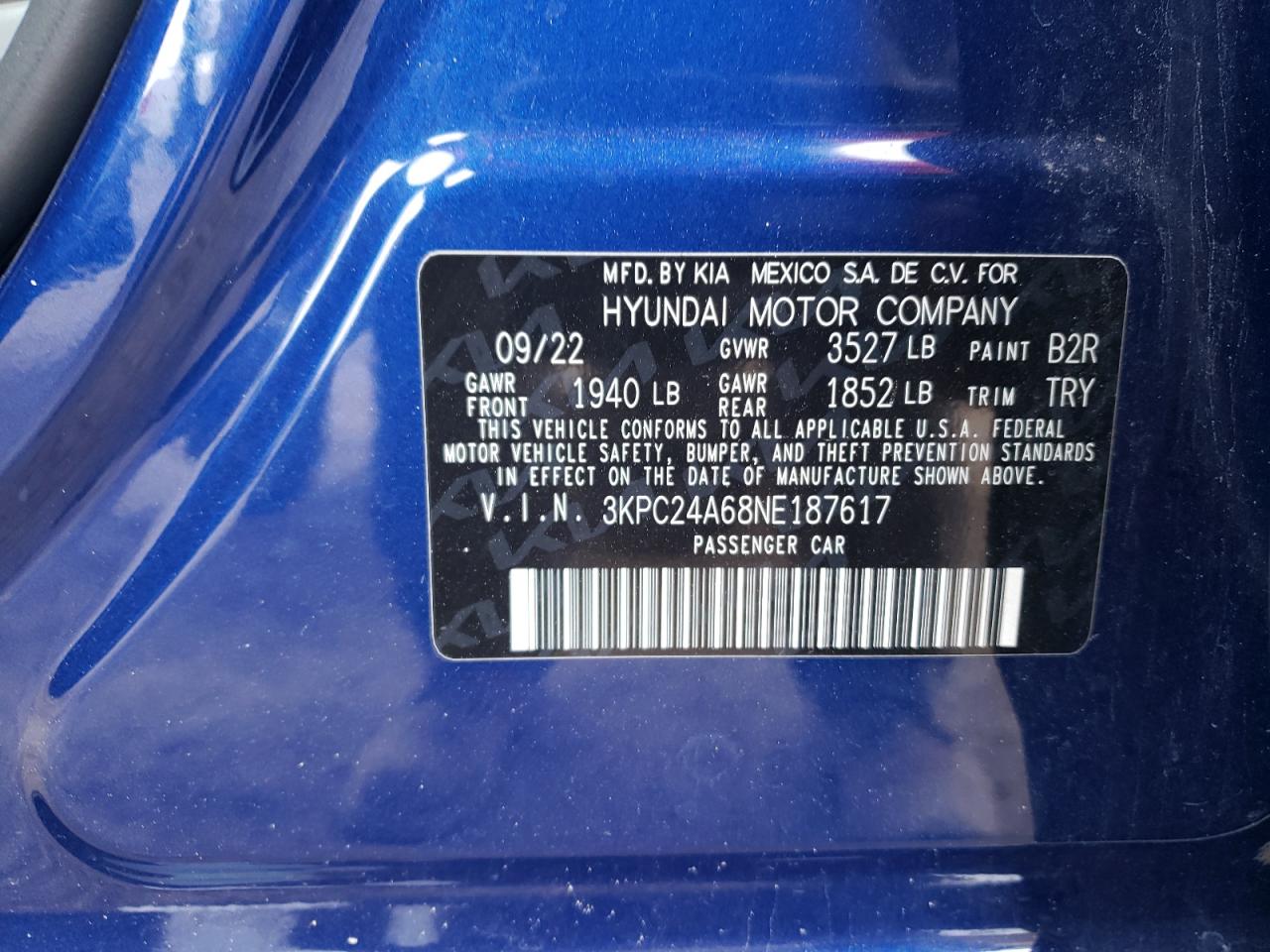 3KPC24A68NE187617 2022 Hyundai Accent Se