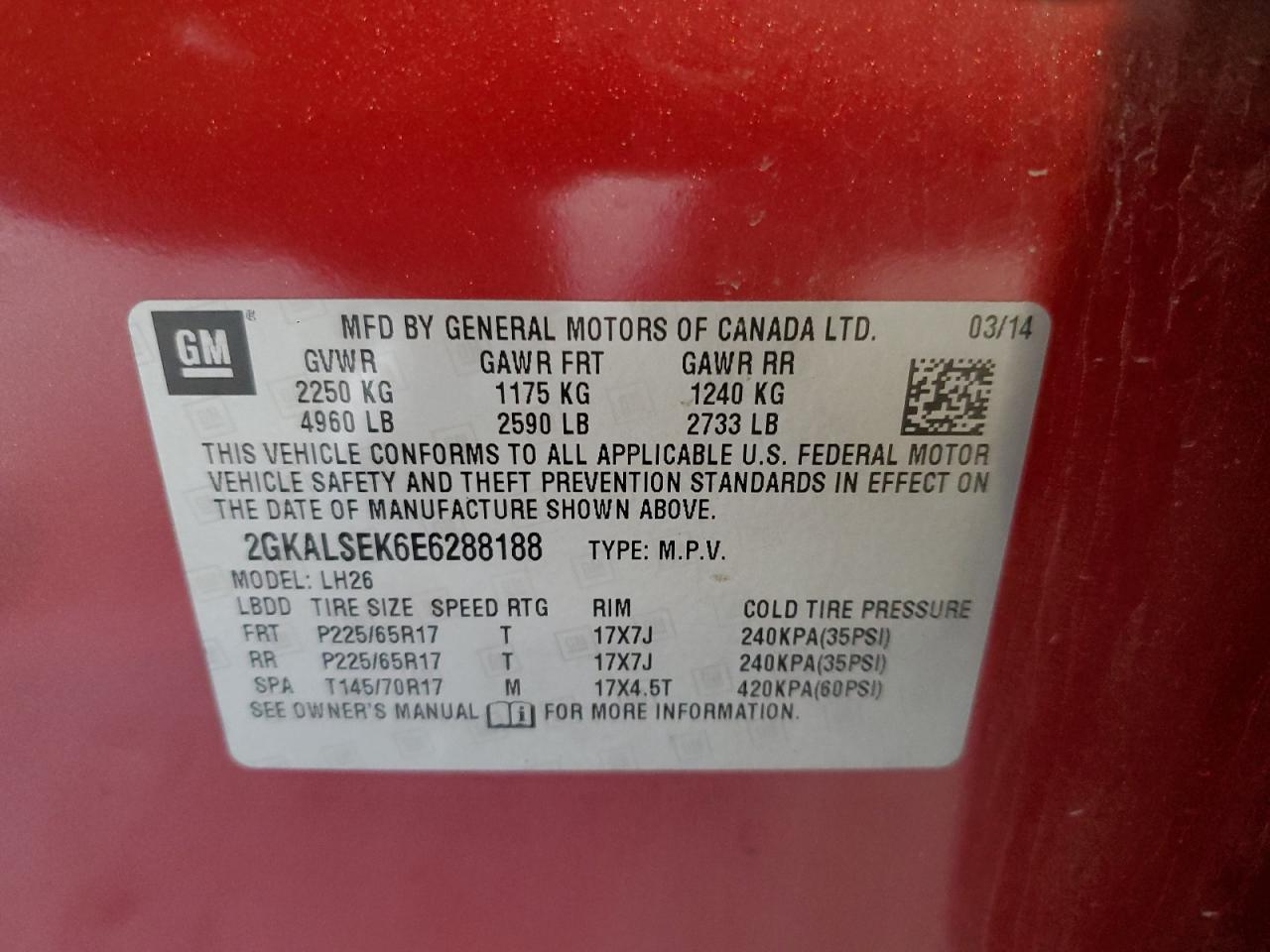 2014 GMC Terrain Slt VIN: 2GKALSEK6E6288188 Lot: 61893664