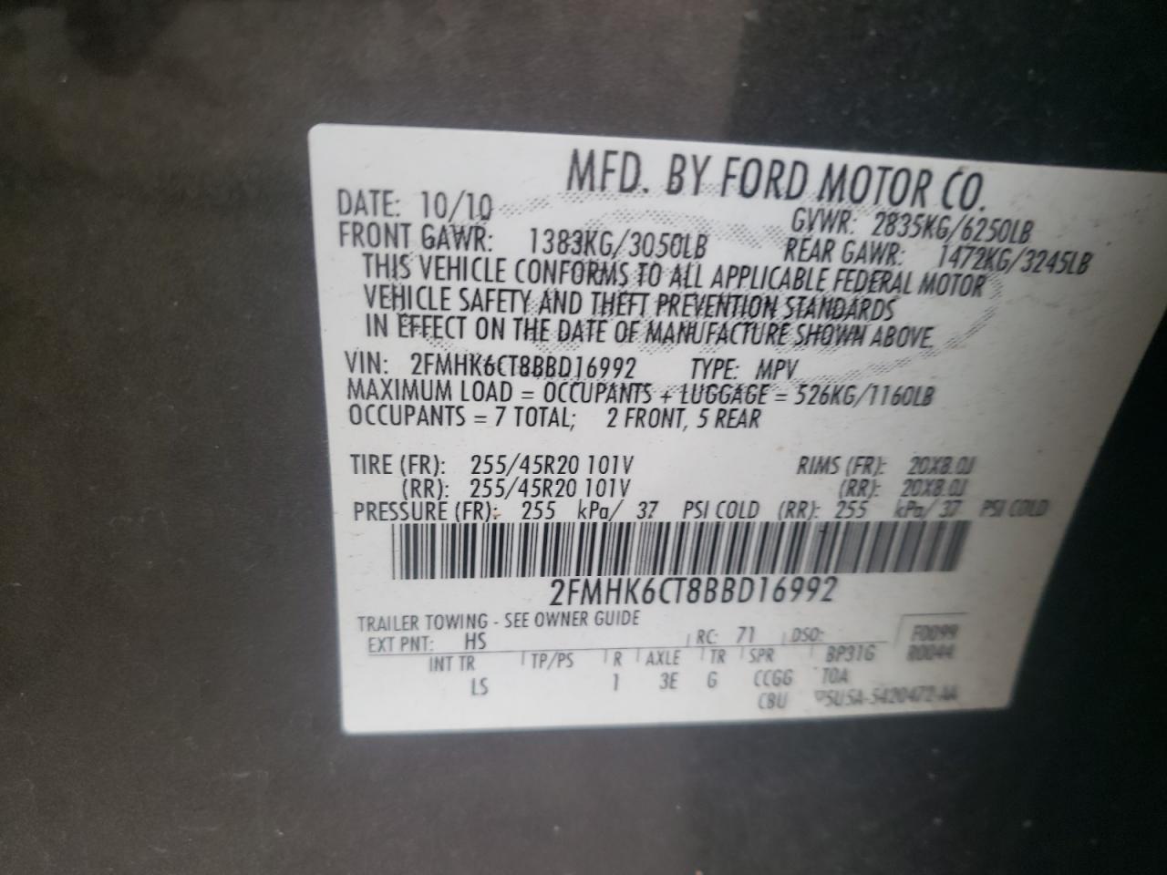 2011 Ford Flex Sel VIN: 2FMHK6CT8BBD16992 Lot: 62119944