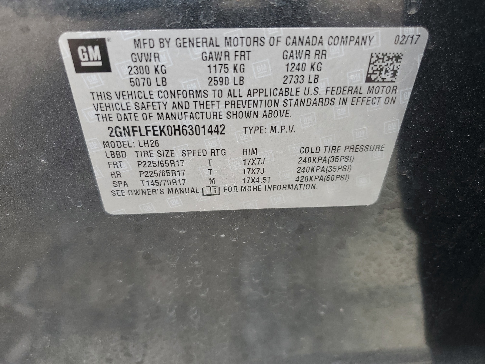 2GNFLFEK0H6301442 2017 Chevrolet Equinox Lt