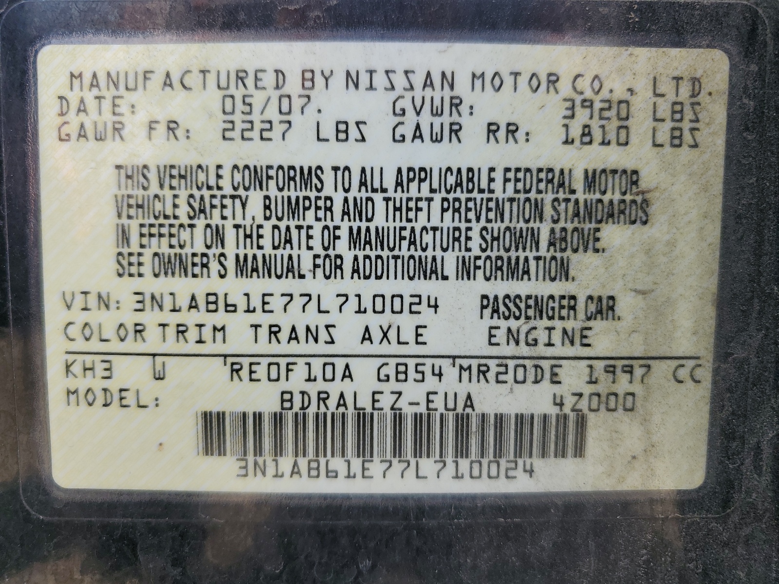 3N1AB61E77L710024 2007 Nissan Sentra 2.0